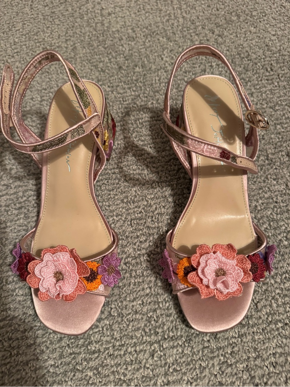 Betsey Johnson Metallic Pink Floral Embroidered Ankle Strap Sandals
